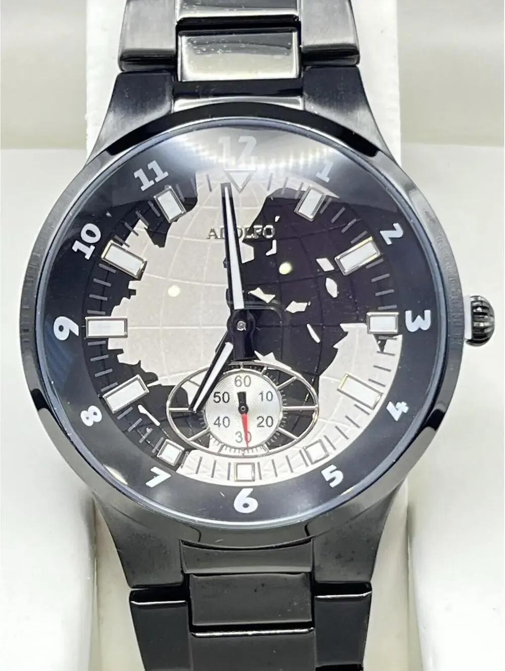 ADOLFO Men’s Watch World Map Black and white Quartz New in box Works